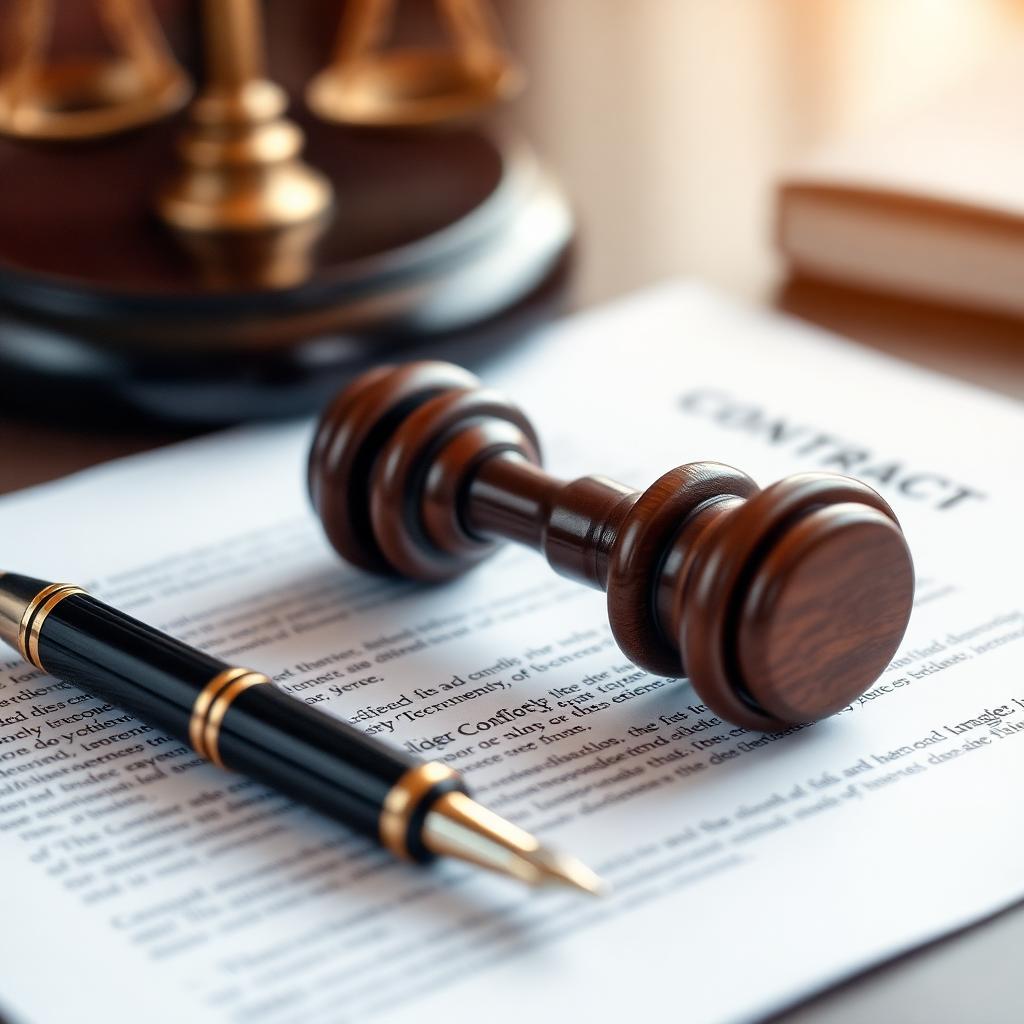 Gavel and fountain pen on a contract